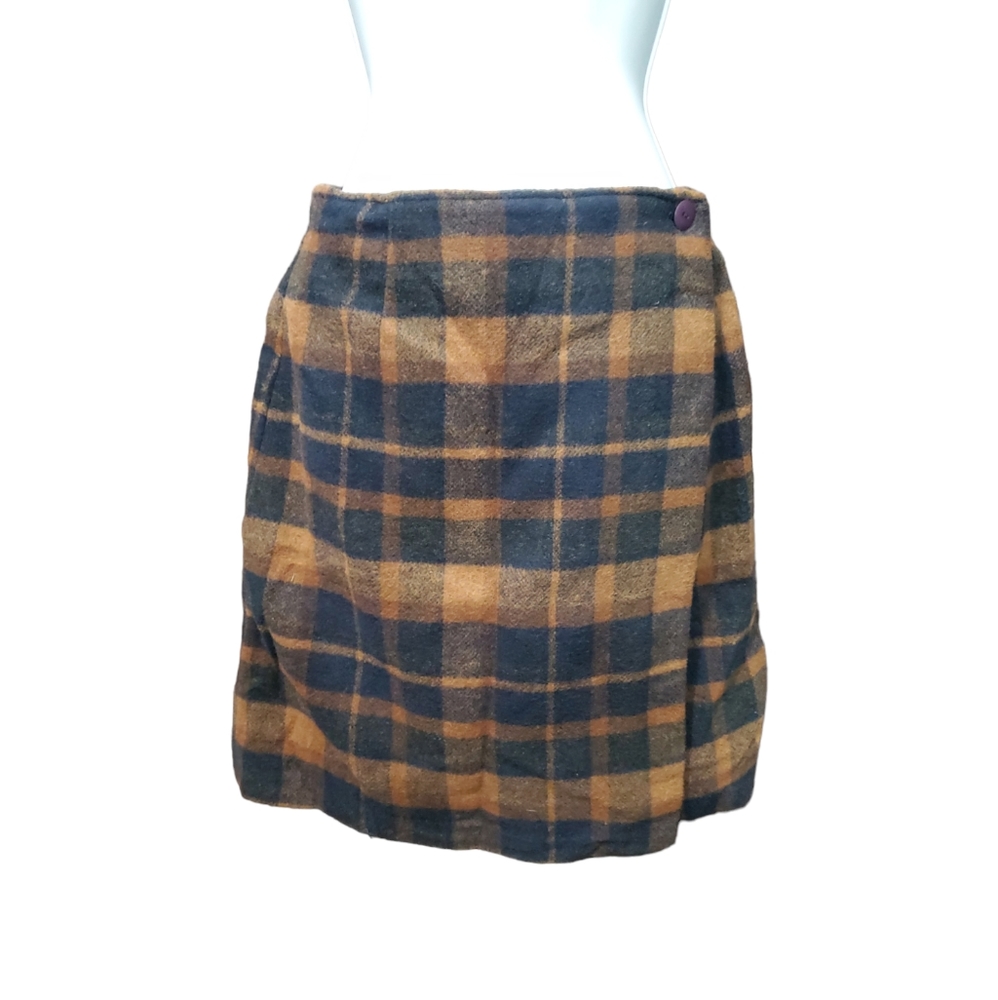 Vintage Wool Plaid Blue And Orange Wrap Skirt